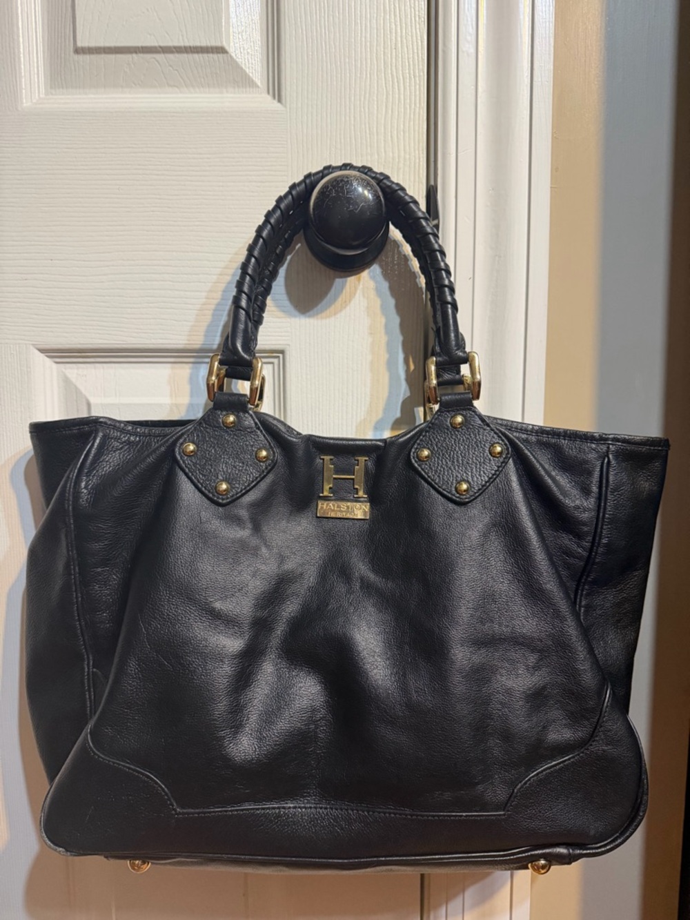 Halston Heritage Black Leather Braided-Handle Tote with Gold Hardware